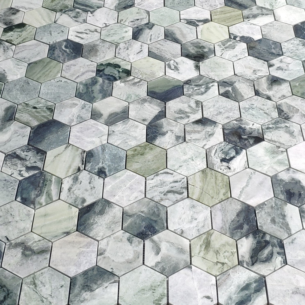 Sagano Vibrant Green Marble 3 inch Hexagon Mosaic Tile Honed, 1 sheet