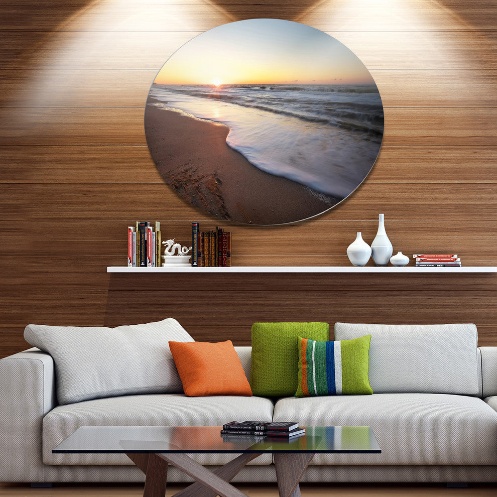 Seashore Under Fiery Sunset Sky, Seashore Disc Metal Artwork, 23"