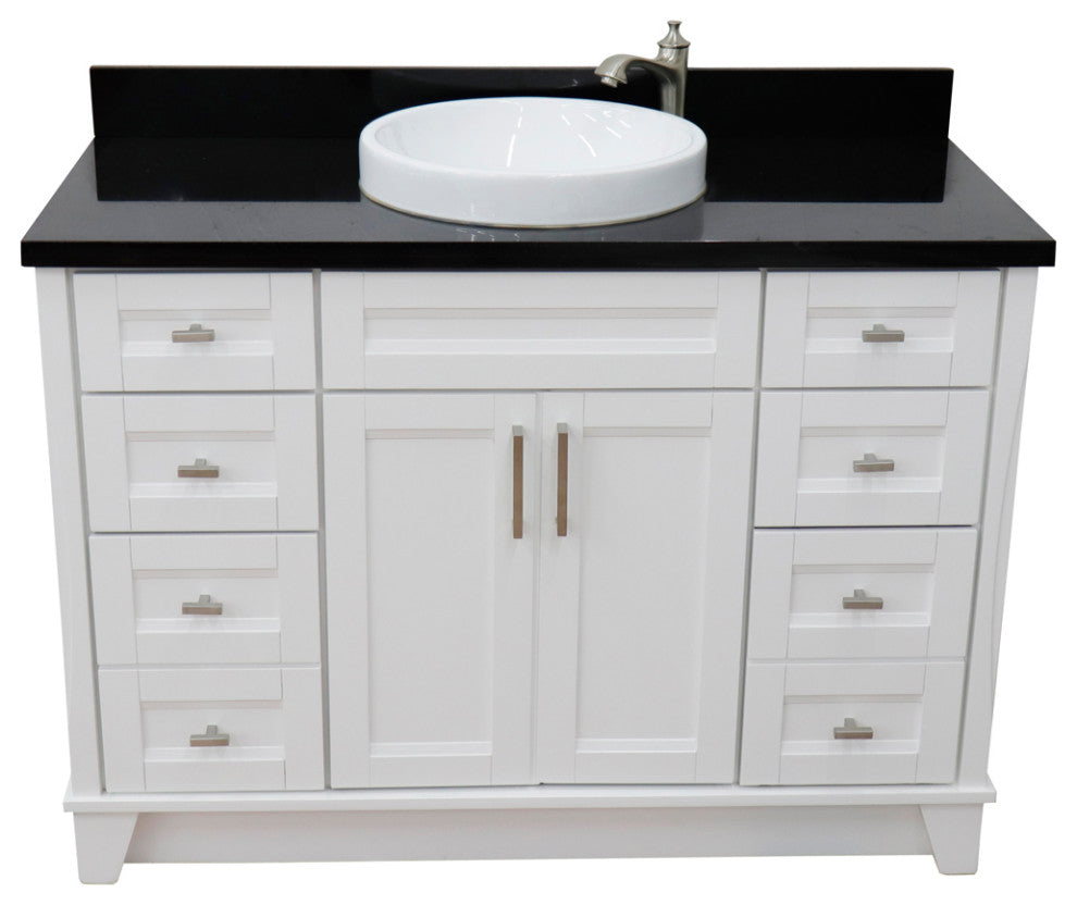49" Single Sink Vanity, White Finish With Black Galaxy Granite And Round Sink