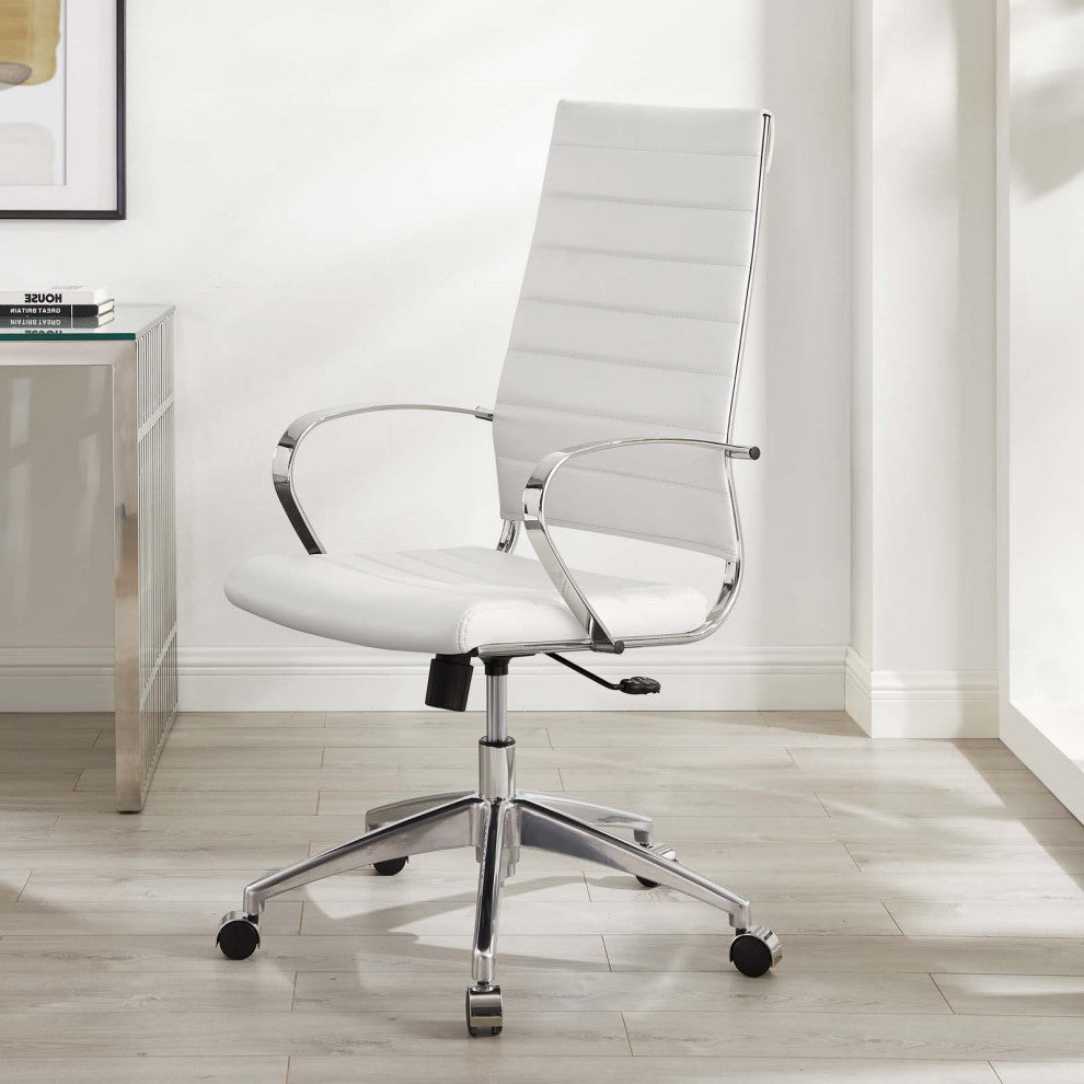 Computer Work Desk High Back Chair, Faux Leather, White, Home Business Office
