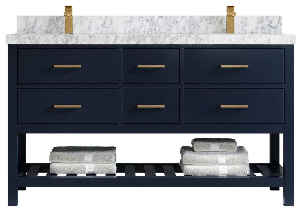 Parker 60 Double Sink Bathroom Vanity in Navy Blue  2" Carrara Marble