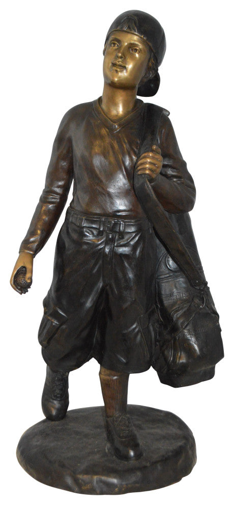 Boy Carrying A Golf Bag Bronze Statue -  Size: 15"L x 15"W x 38"H.