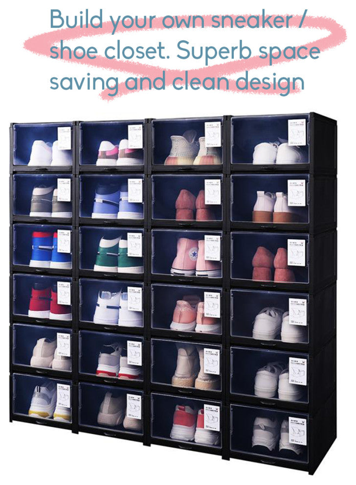 Set of 8 Stackable Shoe Storage Box, Black, Pull-out Sliding Shoe Container