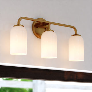 Shelby 3-Light Gold Brass Transitional Bathroom Vanity Fixture White Glass
