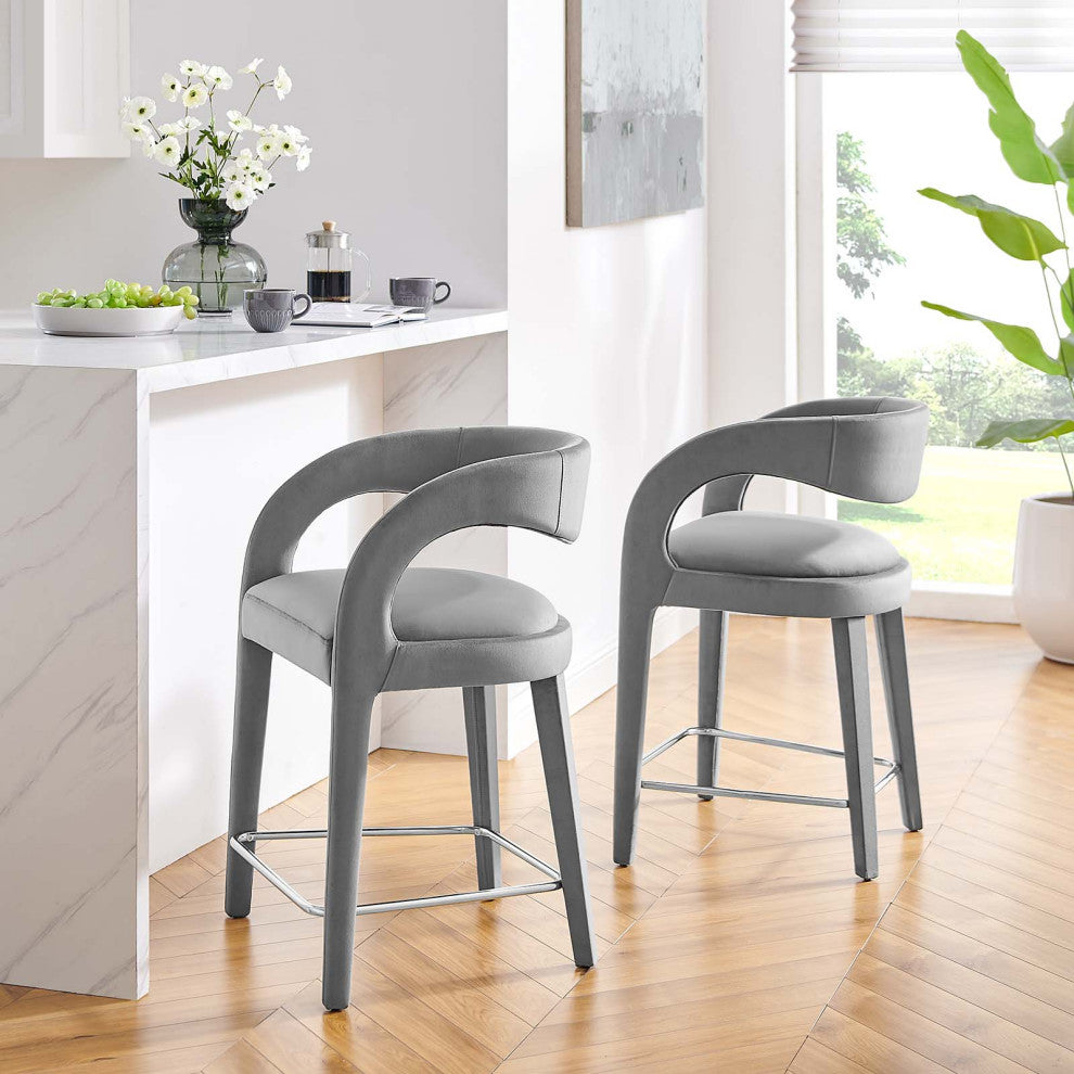 Pinnacle Performance Velvet Counter Stool Set of 2, Gray Silver