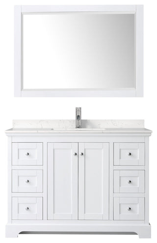 Avery 48, Single Vanity, White, Light-Vein Marble Top, SQ Sink, 46, Mirror