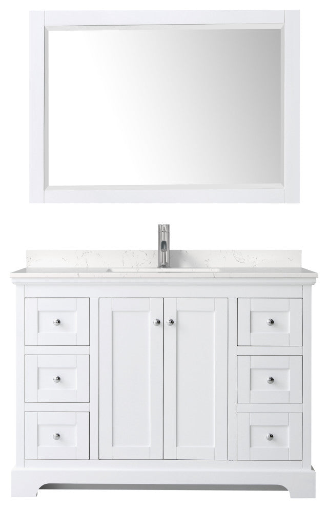 Avery 48, Single Vanity, White, Light-Vein Marble Top, SQ Sink, 46, Mirror