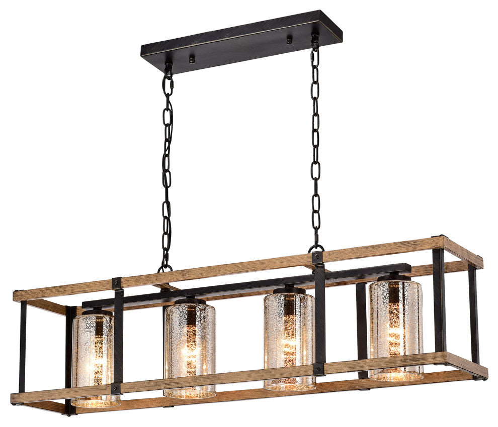 Olive Glass Linear Chandelier Faux Wood Grain and Antique Black