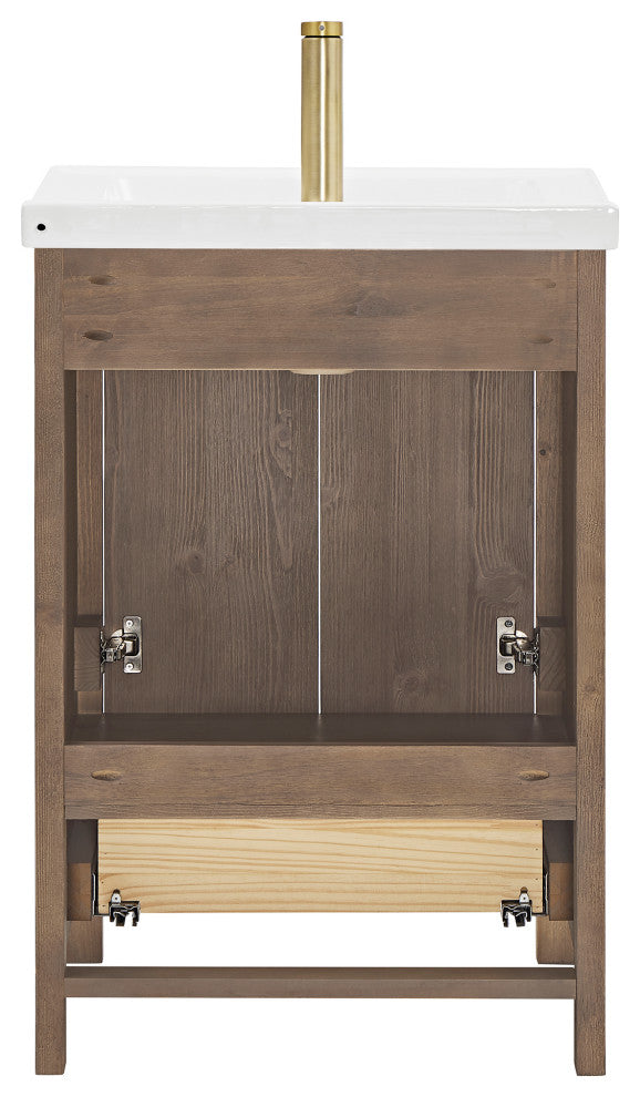Gela Single Bath Vanity with Ceramic Basin Top, Spruce Vintage Brown, 24", No Mirror