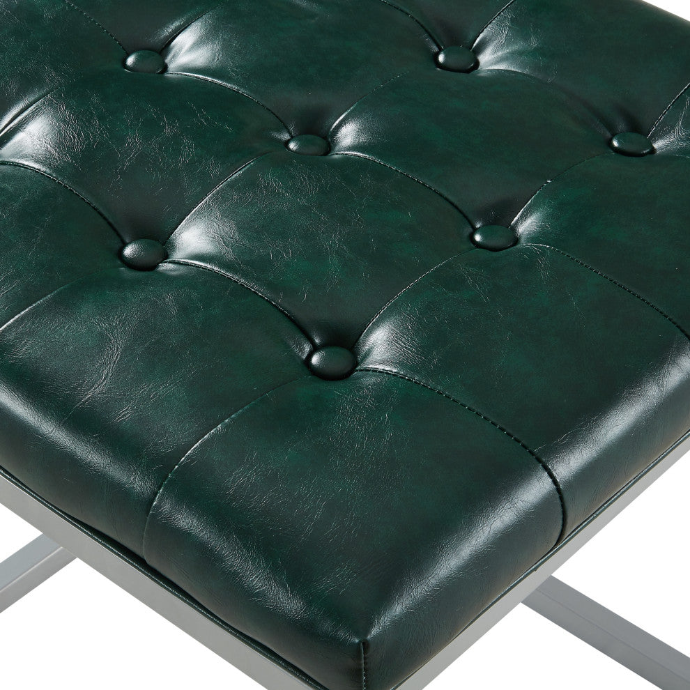 Teresa PU Leather Button Tufted Metal Frame Cube Ottoman, Green