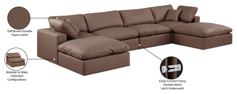 Comfy Upholstered U-Shaped Modular Sectional, Brown, 6-Piece: 2 Armless Chair, 2 Corner Chair, 2 Ottoman, Vegan Leather