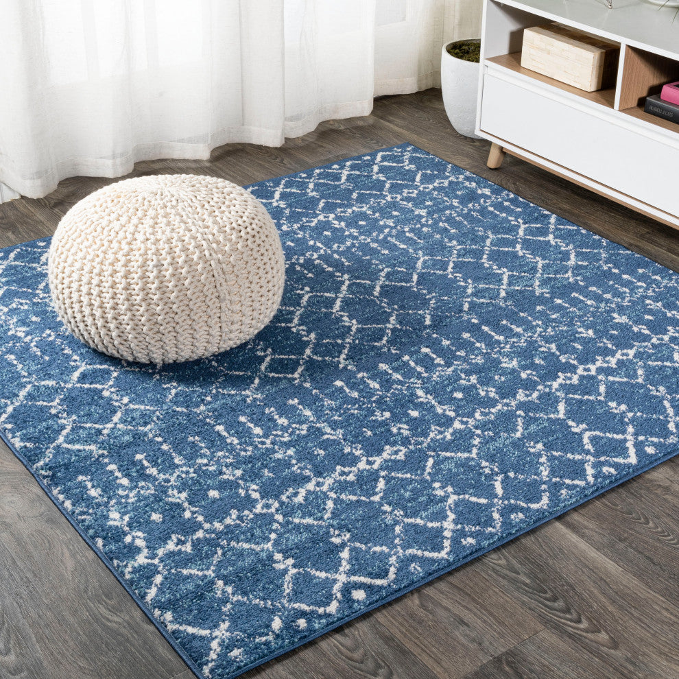Moroccan HYPE Boho Vintage Diamond Runner Rug, Blue/White, 5' Square