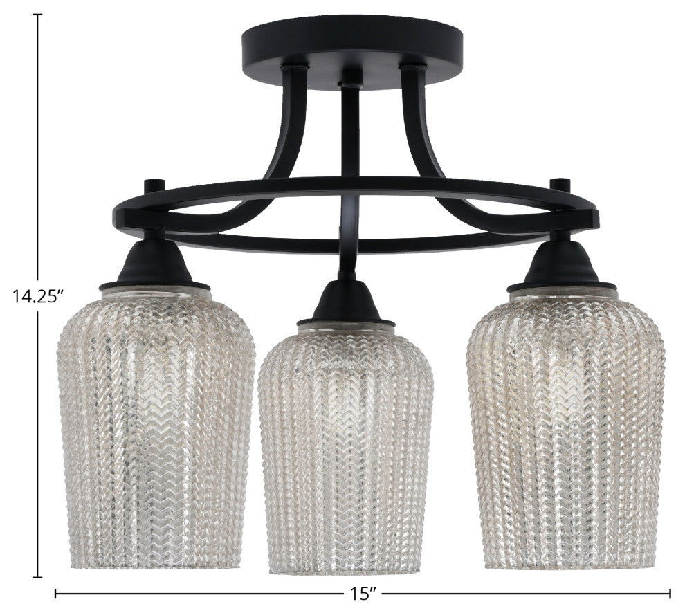 Paramount 3-Light Semi-Flush Light, Matte Black, 5" Silver Textured Glass