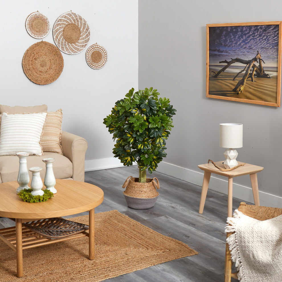 4' Schefflera Faux Tree, Boho Chic Handmade Cotton & Jute Gray Woven Planter