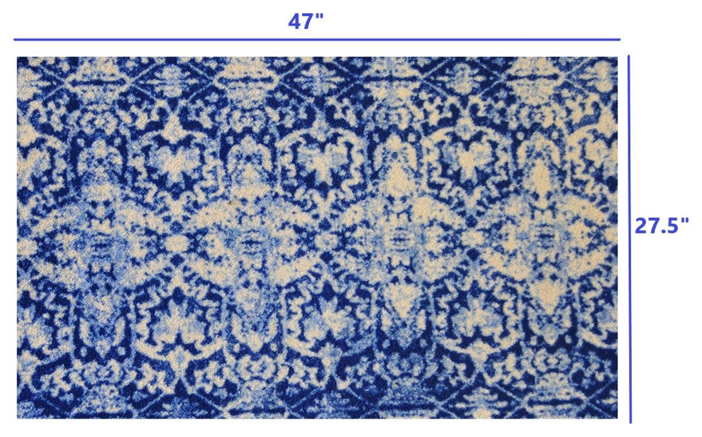 2' x 4' Shades of Blue Vintage Floral Washable Floor Mat