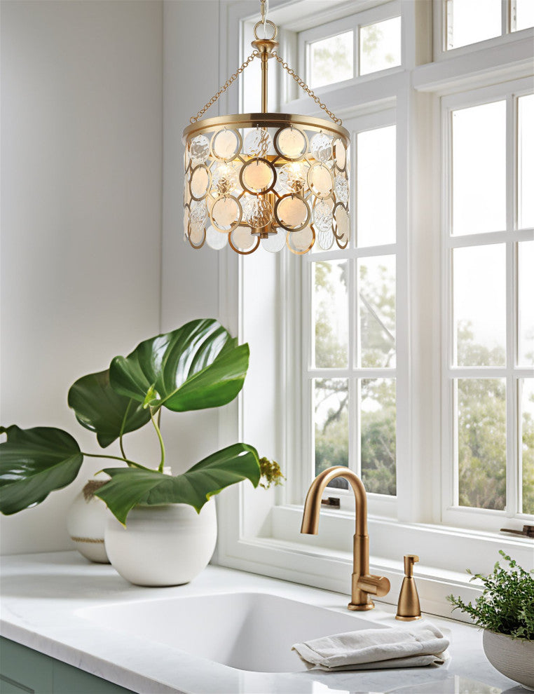 Kira Home Estelle 18" Chic Crystal Pendant Chandelier, Wavy Glass, Capiz Shell