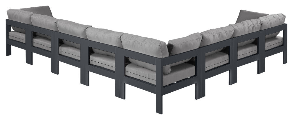 Nizuc Water Resistant Patio L-Shaped Modular Sectional, Gray, 8-Piece: 5 Armless Chair, 3 Corner Chair, Dark Gray Aluminum Frame