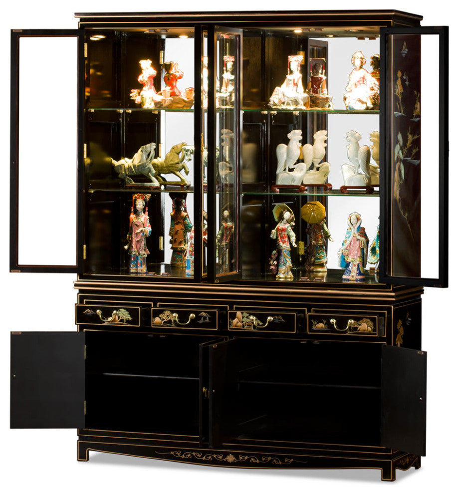 60in Black Lacquer Chinoiserie Oriental China Cabinet
