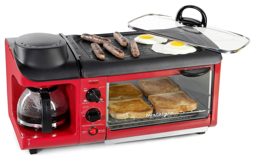 3-in-1 Breakfast Station - Includes Coffee Maker, Non-Stick Griddle, and 4-Slice, Red Breakfast Station
