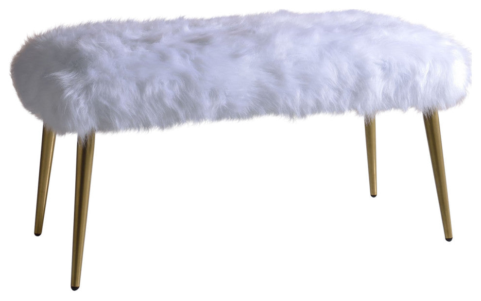 18" X 38" X 20" White Faux Fur Gold Metal Upholstered (Seat) Bench