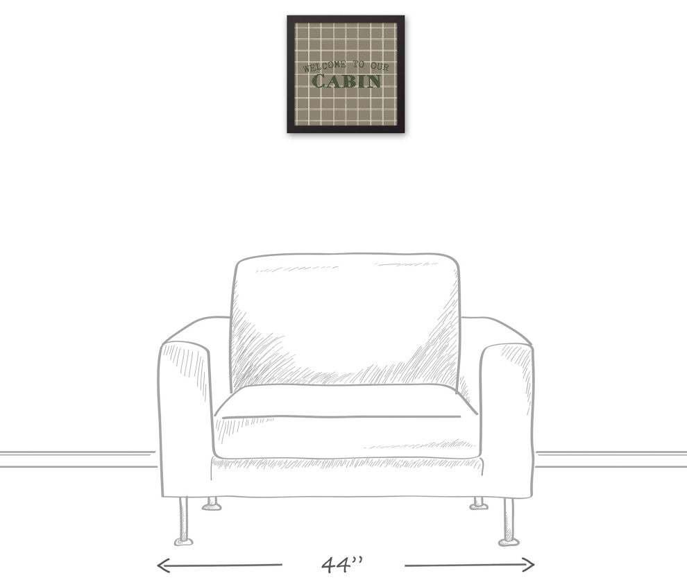 Welcome to our Cabin Taupe and White Check 13.73x13.73 Black Framed Canvas