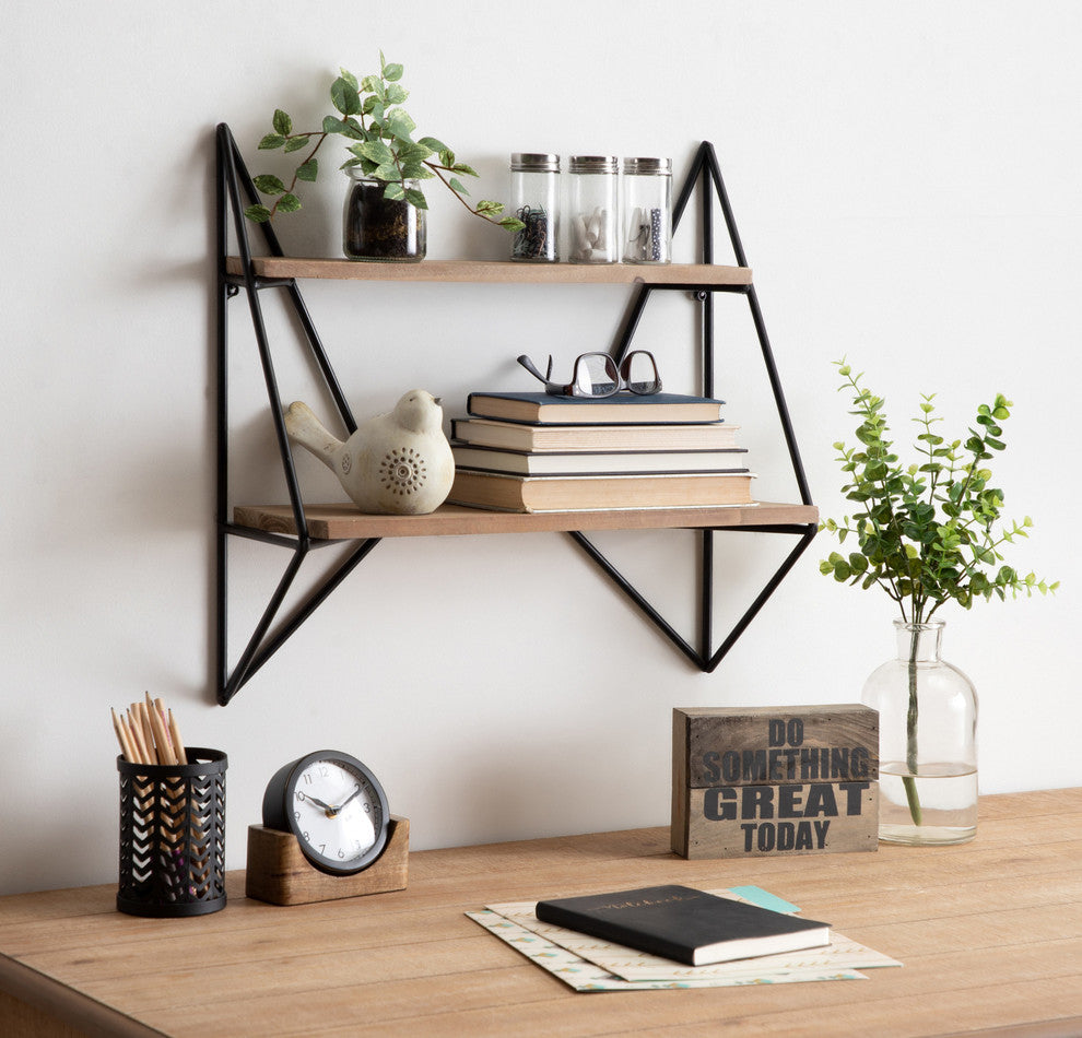 Melita 2-Tier Wood and Metal Wall Shelf, Rustic Brown/Black