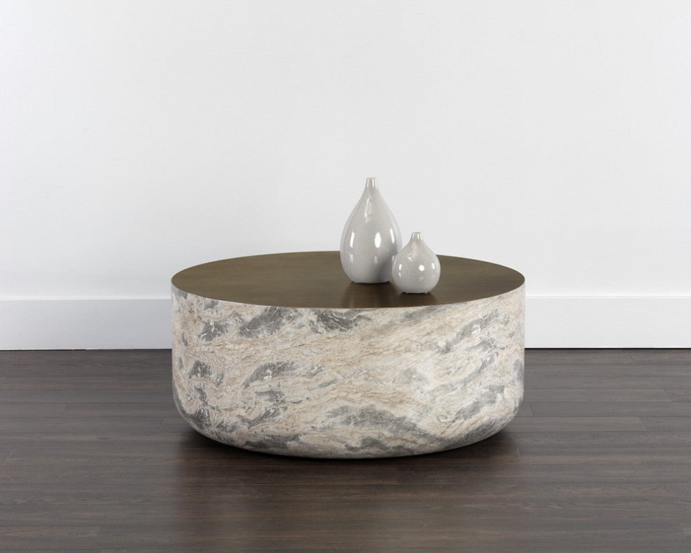 Diaz Coffee Table, Marble Look, Antique Brass