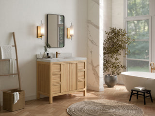 Elizabeth 42 Single Sink Bath Vanity in Light Natural Teak 2" Carrara Quartz