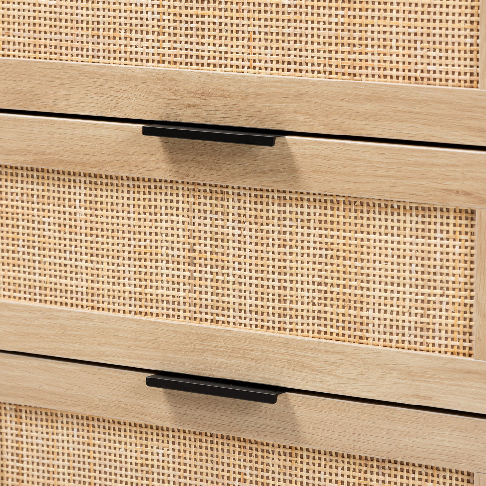 Harrison Natural Brown Finished Wood and Natural Rattan 6-Drawer Storage Cabinet
