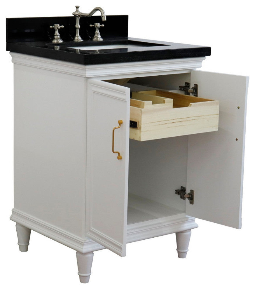 25" Single Vanity, White Finish With Black Galaxy And Rectangle Sink
