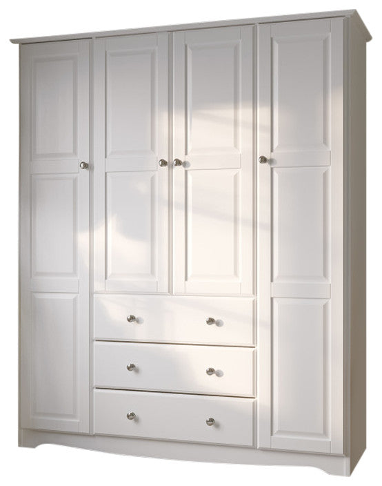 100% Solid Wood Family Wardrobe Armoire, White-Metal Knobs