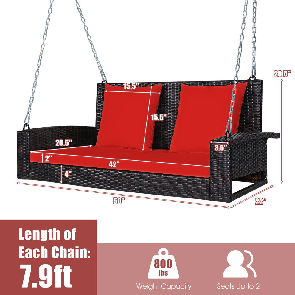 Costway 2-Person Patio Rattan Hanging Porch Swing Bench Chair Cushion Red