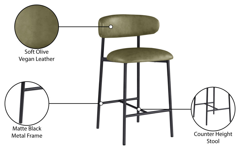 Lupita Upholstered Counter Stool, Olive, Vegan Leather, Matte Black, Set of 2