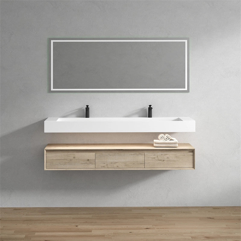 Alysa 72'' Floating Vanity, Acrylic Sink, Double Faucet Hole, Light White Oak