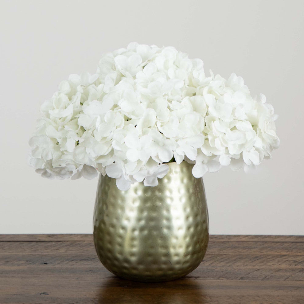 11in. Artificial Hydrangea Arrangement, Gold Metal Vase