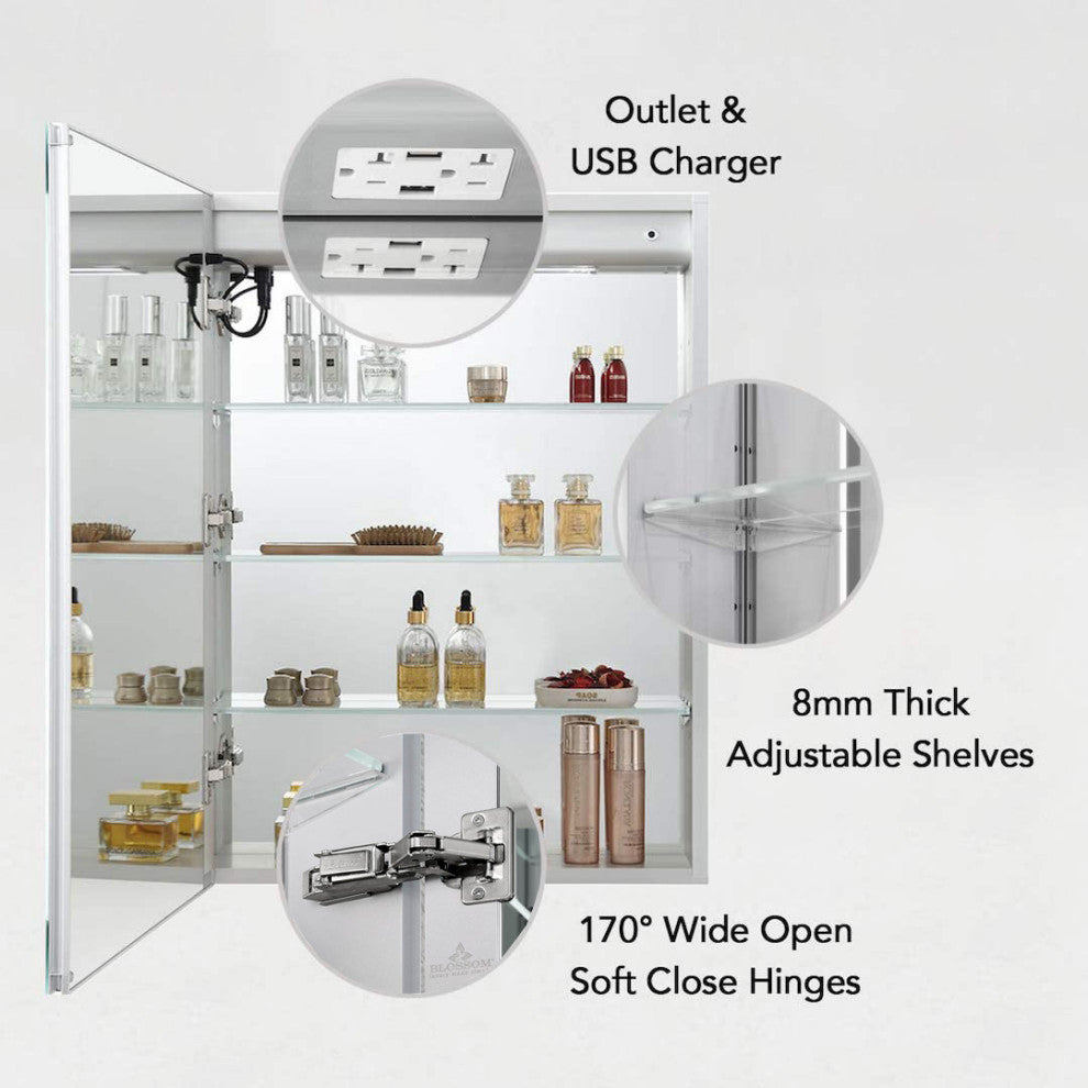 LED Mirror Medicine Cabinet With Defogger, Dimmer and Outlets, 24" Left