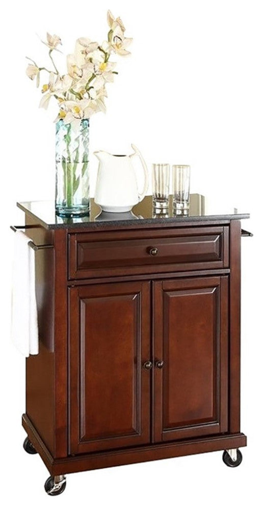 Catania Modern Black Granite Top Portable Kitchen Cart in Mahogany