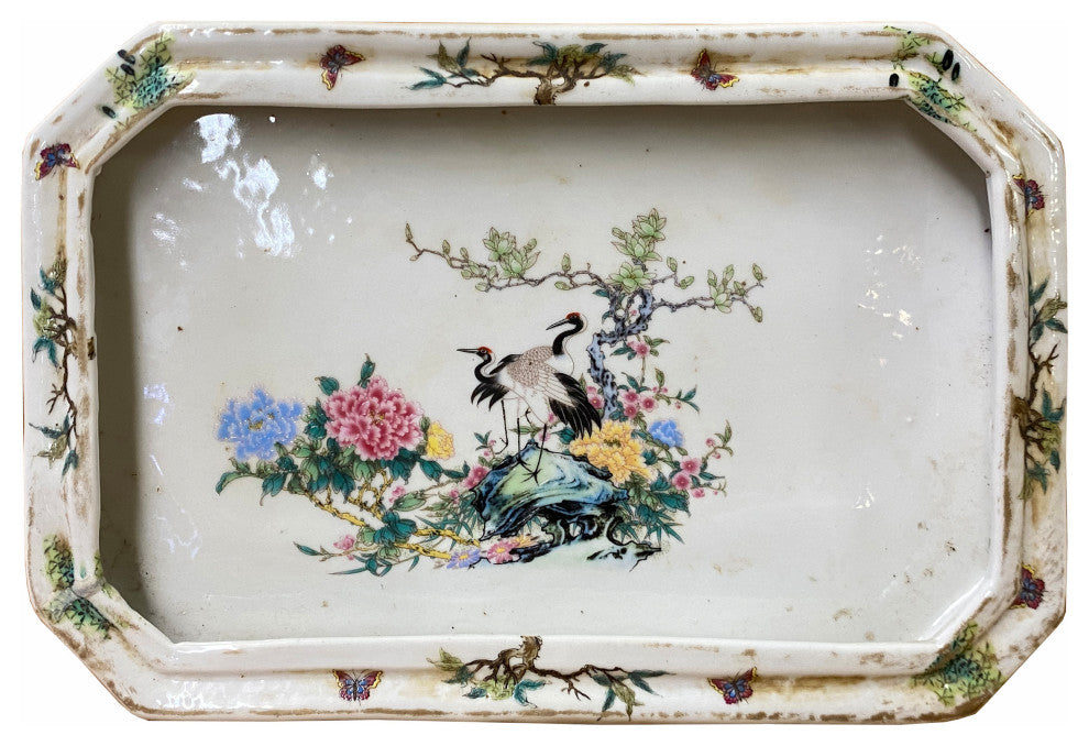 Chinese Off White Porcelain Flower Cranes Rectangular Display Plate Hws1820