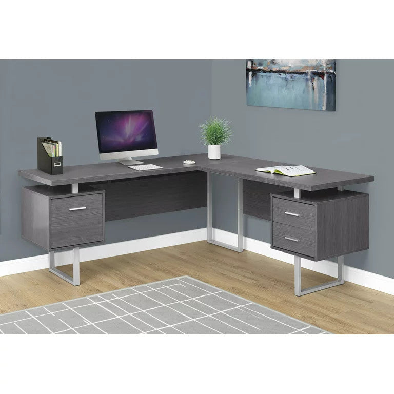 Modern Desk, Spacious L-Shaped Design With Floating Top & Drawers, Gray