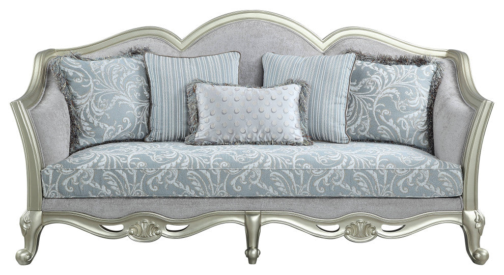 ACME Qunsia Sofa With 5 Pillows, Light Gray Linen and Champagne Finish