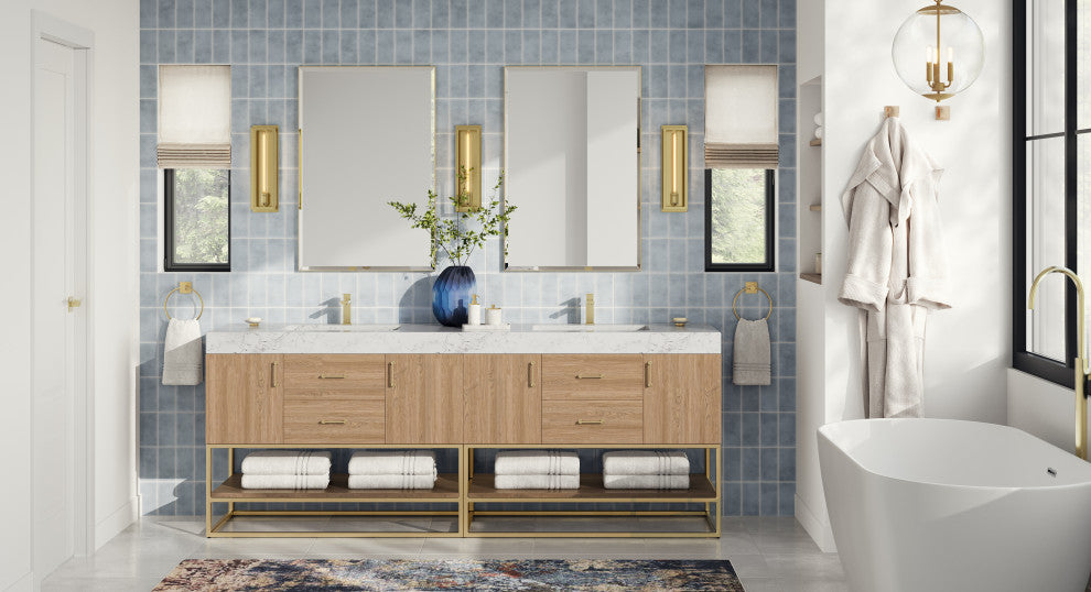 Bahia Bath Vanity, Oak, 84", Brushed Gold Hardware, Double, Freestanding