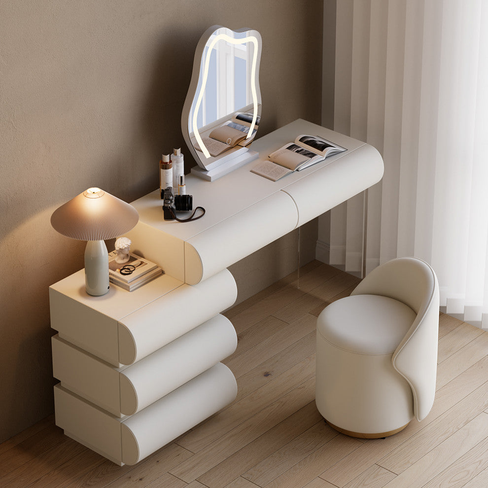 Modern Vanity Set PU Leather Dressing Table With Stool/LED Mirror, Off-White