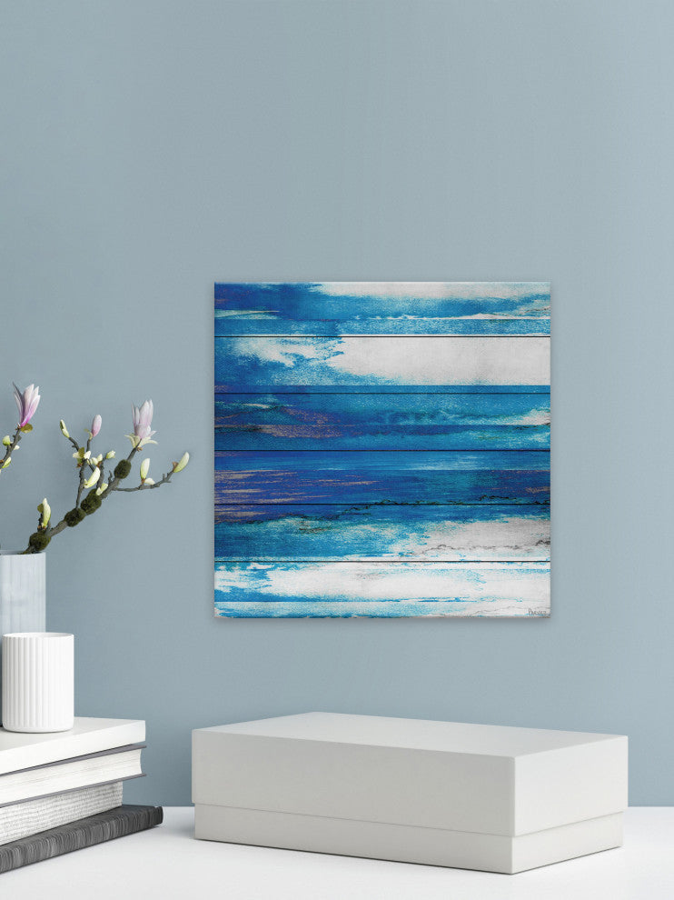 "Blue Painted Ocean" Painting Print on White Wood, 24"x24"