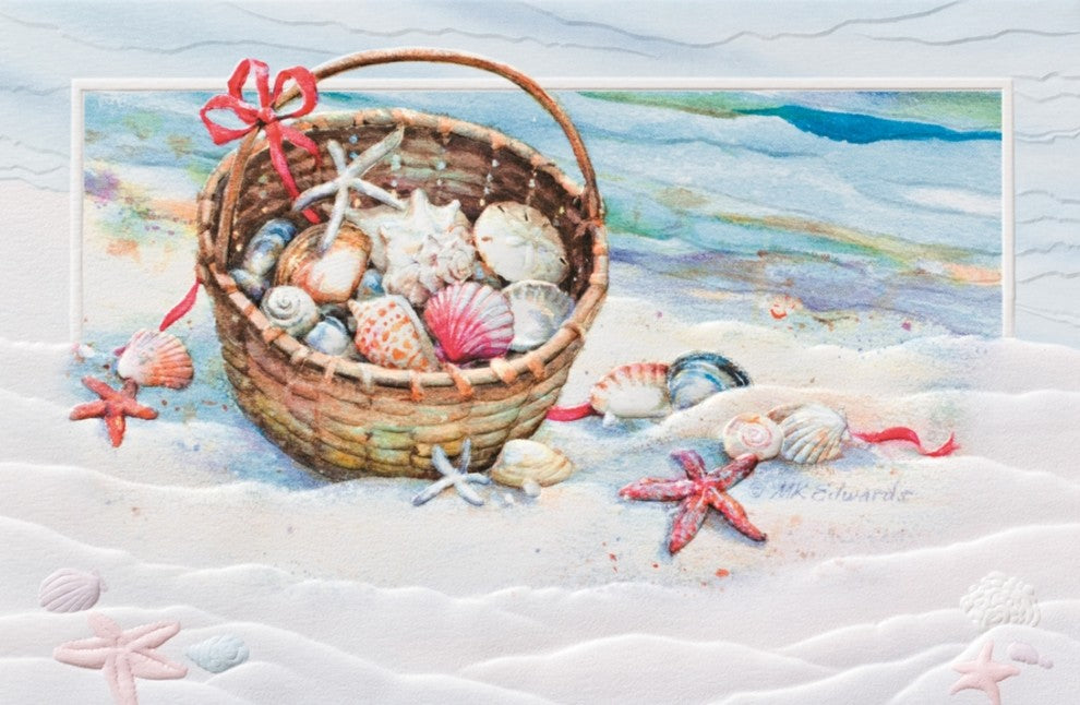 Basket of Shells and Starfish Embossed 16 Boxed Holiday Cards and Envelopes