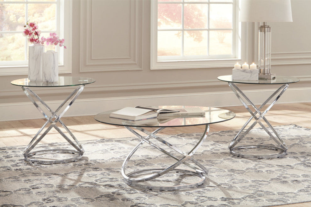 Contemporary Glass Top Table Set with Metal Rings Base, Clear and Silver