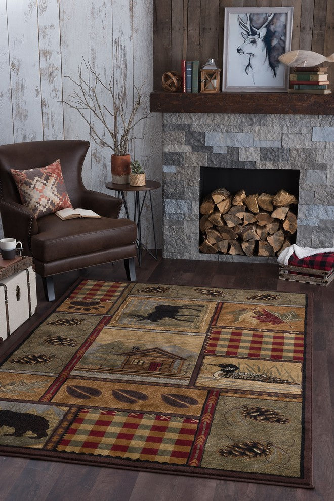 Homespun Cabin Novelty Pattern Lodge Area Rug, Multi-Color, 7'10'' X 10'3''