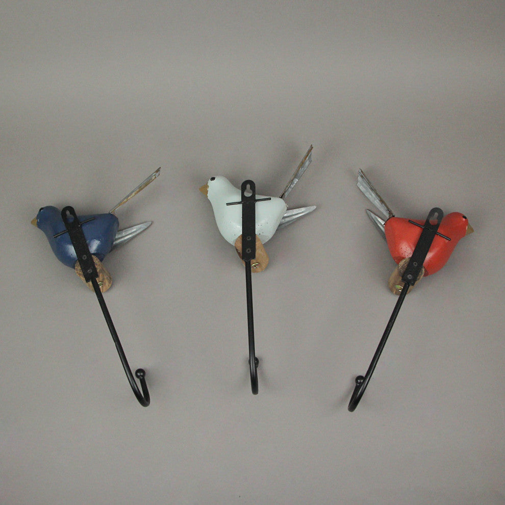 Red Blue White Wood Metal Bird Wall Hook Coat Hanger Towel Key Holder Set of 3