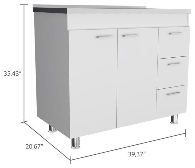 Contemporary Base Kitchen Cabinet, Aluminum Countertop & Multiple Drawers, White