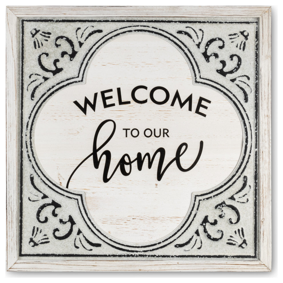 23.63" Antique White Wood and Embossed Metal Welcome Home Wall Art