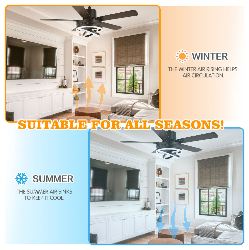 52" Ceiling Fan with Adjustable LED Light Kit, 3 Color Tone 6 Fan Speed, Black